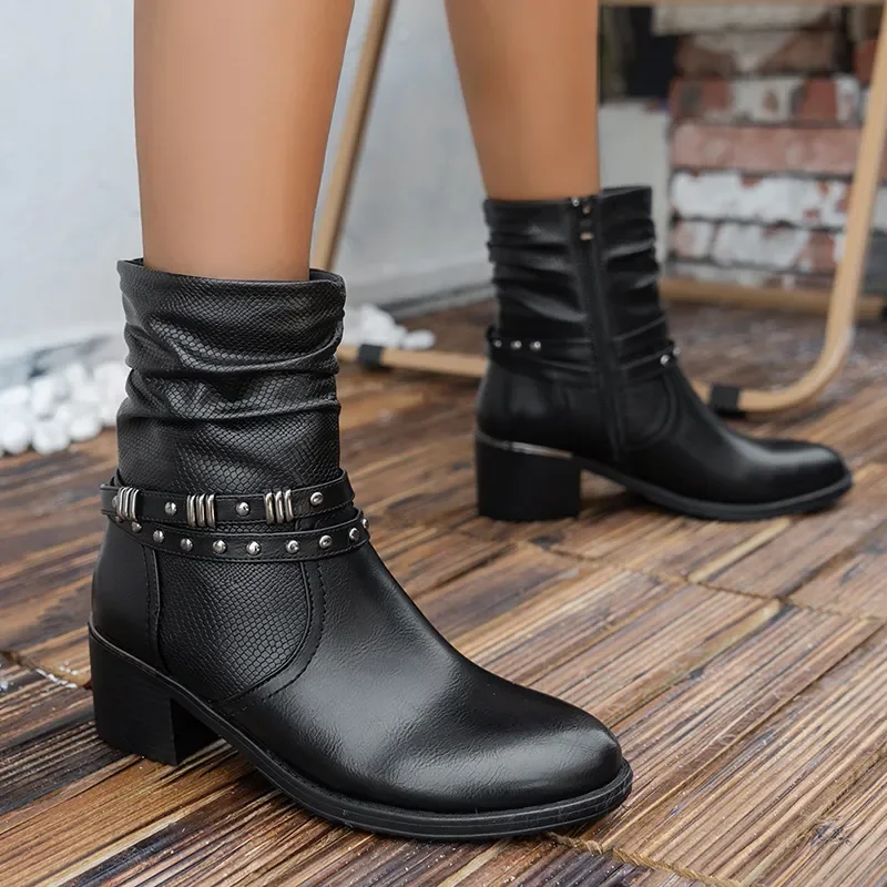 

Women Boots Rivet Decor Pleated Cowboy Autumn Pu Leather Chunky Large Size Heels Western Boots Woman Pointed Toe Black Booties