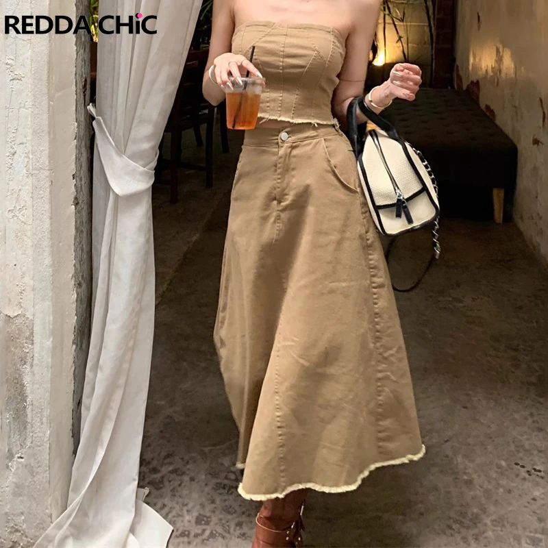 

REDDACHiC Patchwork Vintage Denim Midi Long Skirt & Croset Crop Top 2-piece Set Shirred Khaki Black Jeans Acubi Women Denim Suit