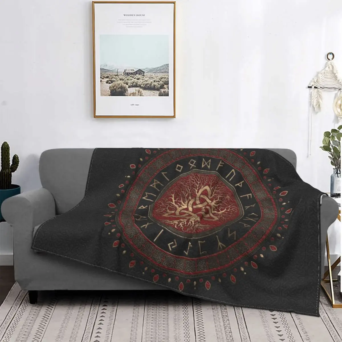 

Tree Of Life With Triquetra Black Red Leather And Gold Blankets Flannel Norse Yggdrasil Throw Blanket for Sofa Bedding