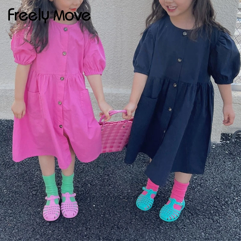

Freely Move 2022 Short Sleeve Dress For Girl Mid Calf Soild Pocket Cotton Soft Button Kid Clothes 2-7 Year Summer Dress Clothes