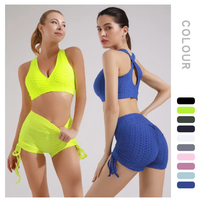 

Yoga Clothes Jacquard Bubble Sportswear Suit Gather Bra Fitness Underwear Yoga Sweat-wicking Shorts For Women