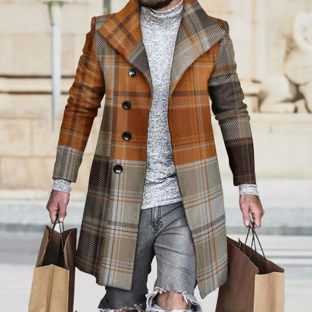 

Stylish Loose Fit Winter Men Striped Splicing Woolen Coat Mid-Length Windbreaker Lapel Warm Men Windbreaker for Trip