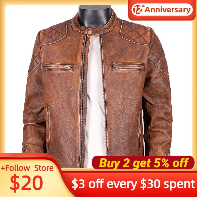 

2022 Vintage Yellow Biker Style Genuine Leather Jacket Men Plus Size 3XL Real Natural Cowhide Autumn Slim Fit Motorcycle Coat