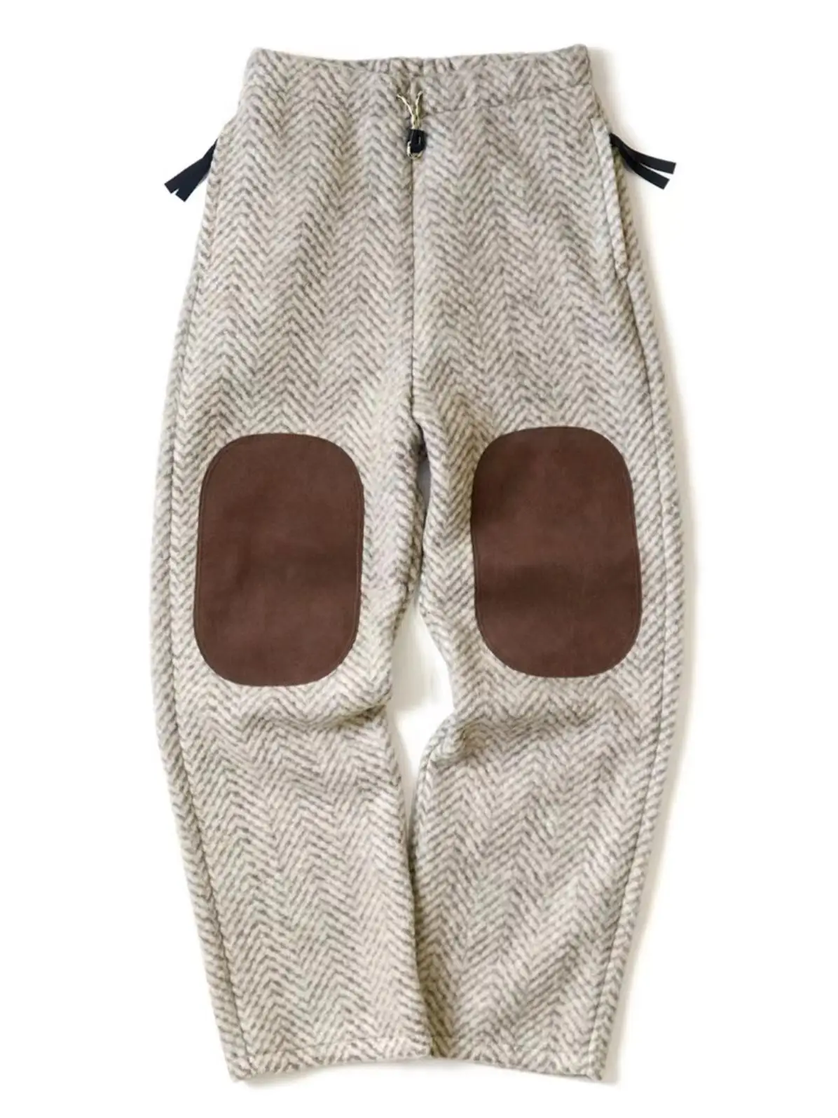 Men's Tweed Wool Pants Suede Patch Loose Fit Warm Japan Chic Style Stylish Streetwear Unisex Trousers