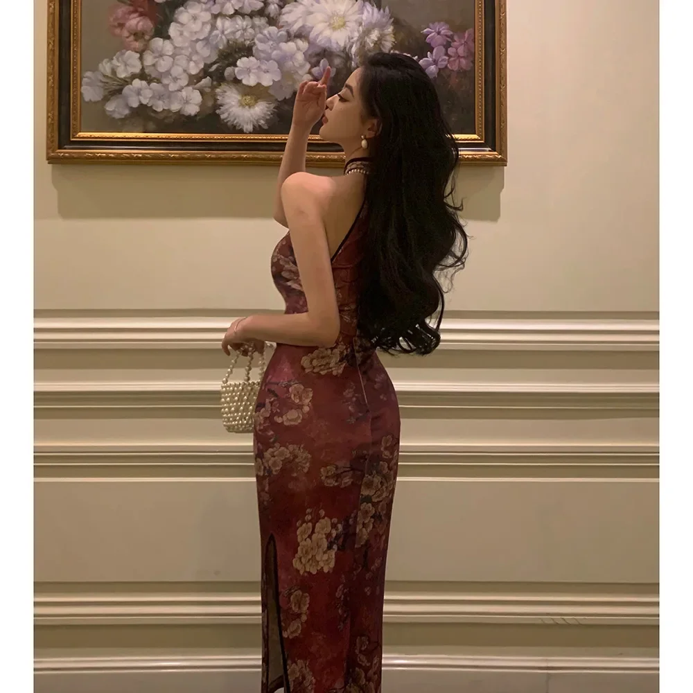 Женское платье-ципао без рукавов элегантное винно-красное платье-футляр в