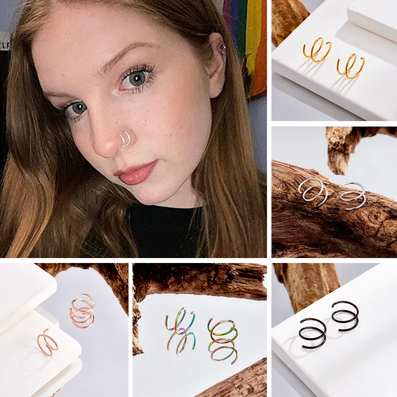 

1 PC Stainless Steel Double Nose Hoop Ring Silver Color Spiral Nose Hoop Set for Women Men Nostril Piercing Jewelry