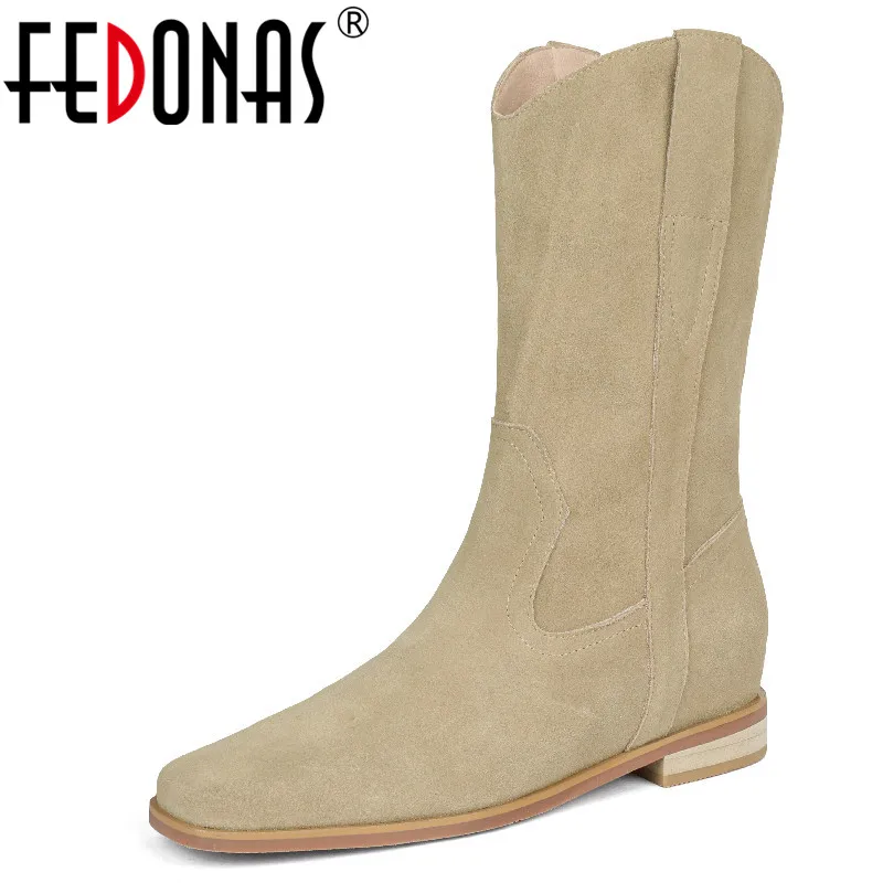 

FEDONAS Cool Concise Women Mid-Calf Boots Casual Splicing Cow Suede Leather Autumn Winter Height Increasing Shoes Woman Newest