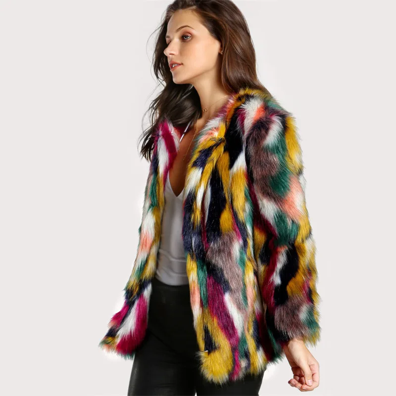 Autumn Winter New Women Rainbow Plush Coats Fashion Design Casual Loose Plus Velvet Warm Large Size Top Elegant Female Clothing