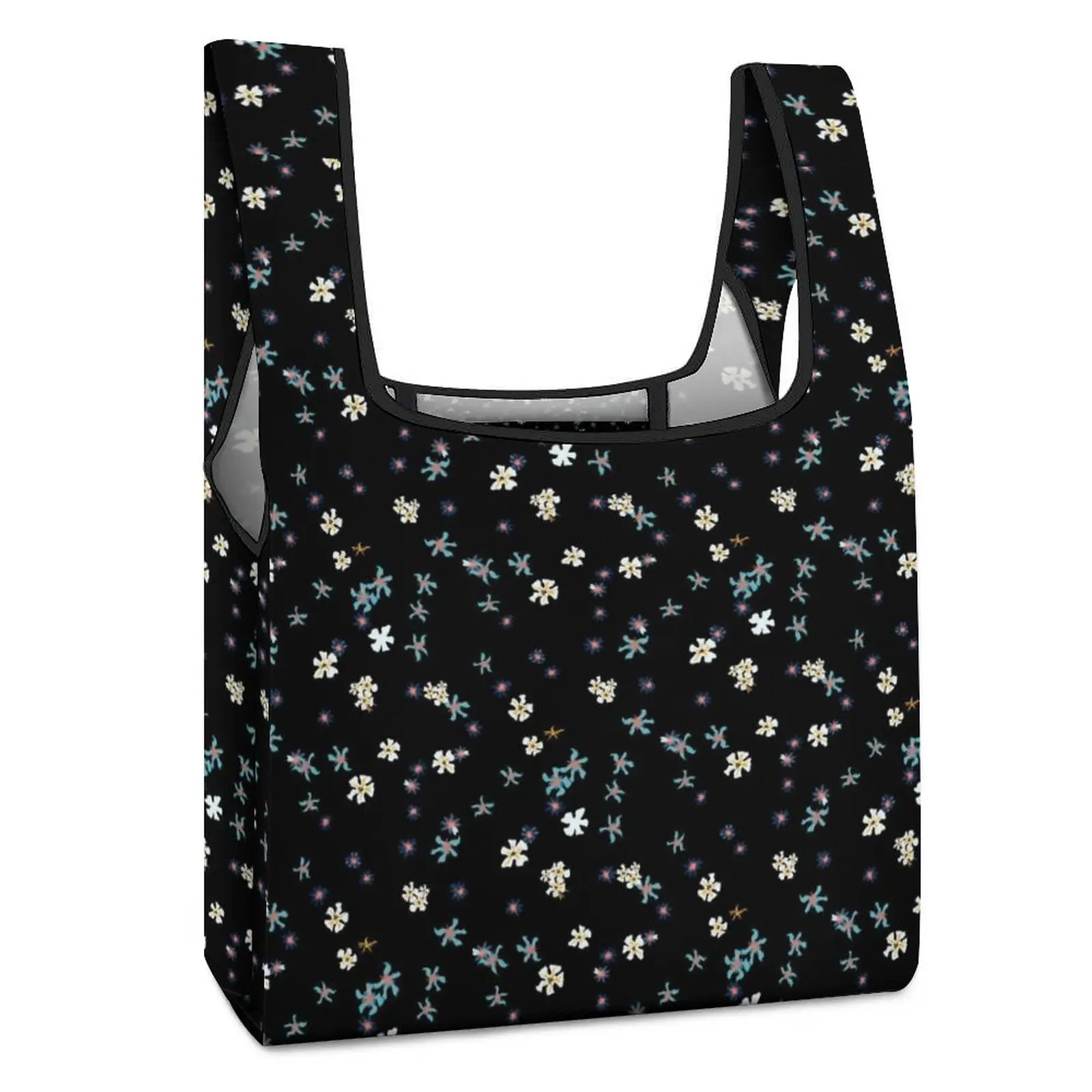 Customized Print Shopping Bag Double Strap Handbag Small Snowflake Print Black Totes Bag Casual Grocery Bag Custom Pattern