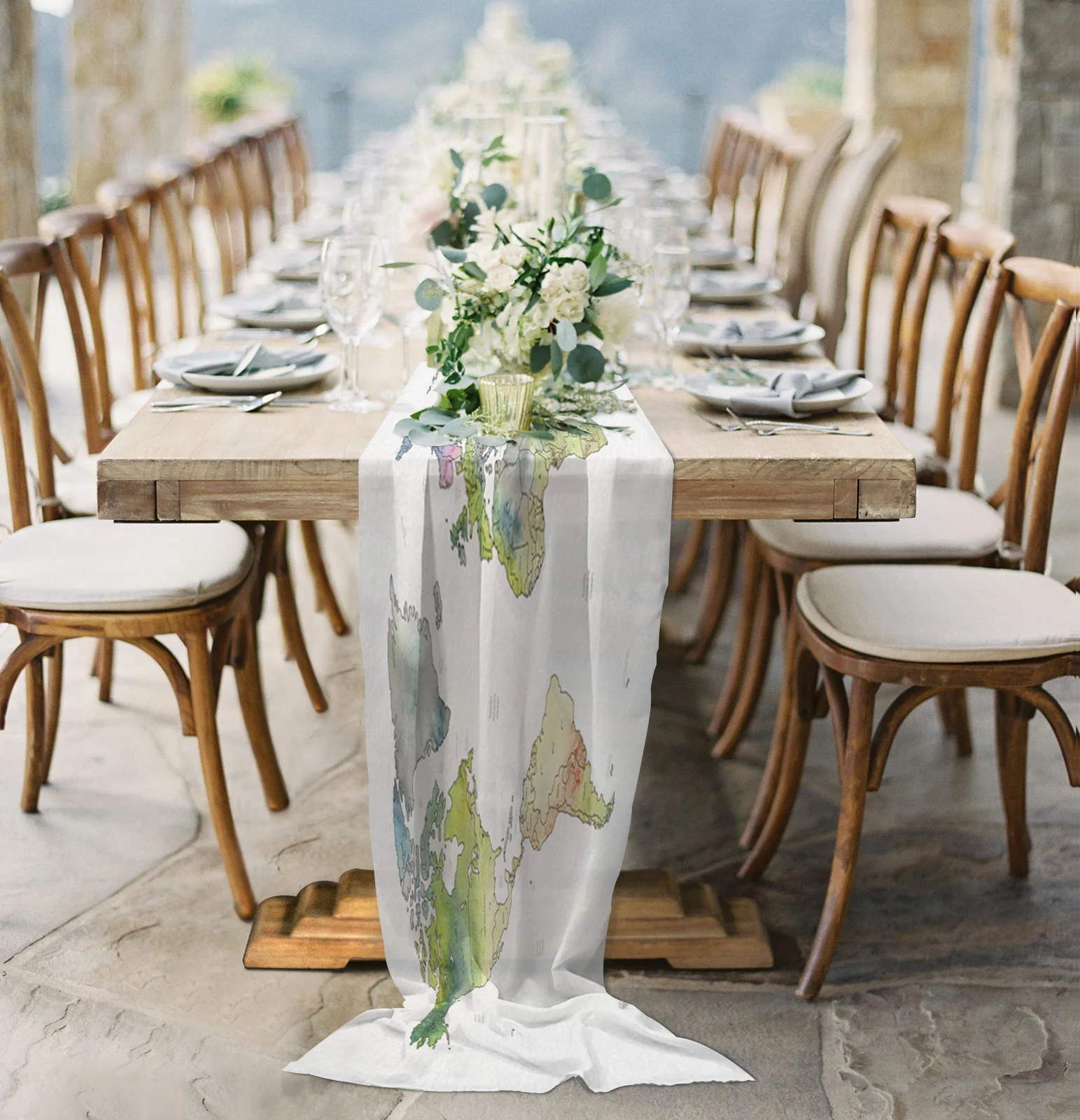 

Watercolor Map Simple Sheer Chiffon Table Runner Wedding Party Birthday Luxury Voile Tablecloth Home Decoration