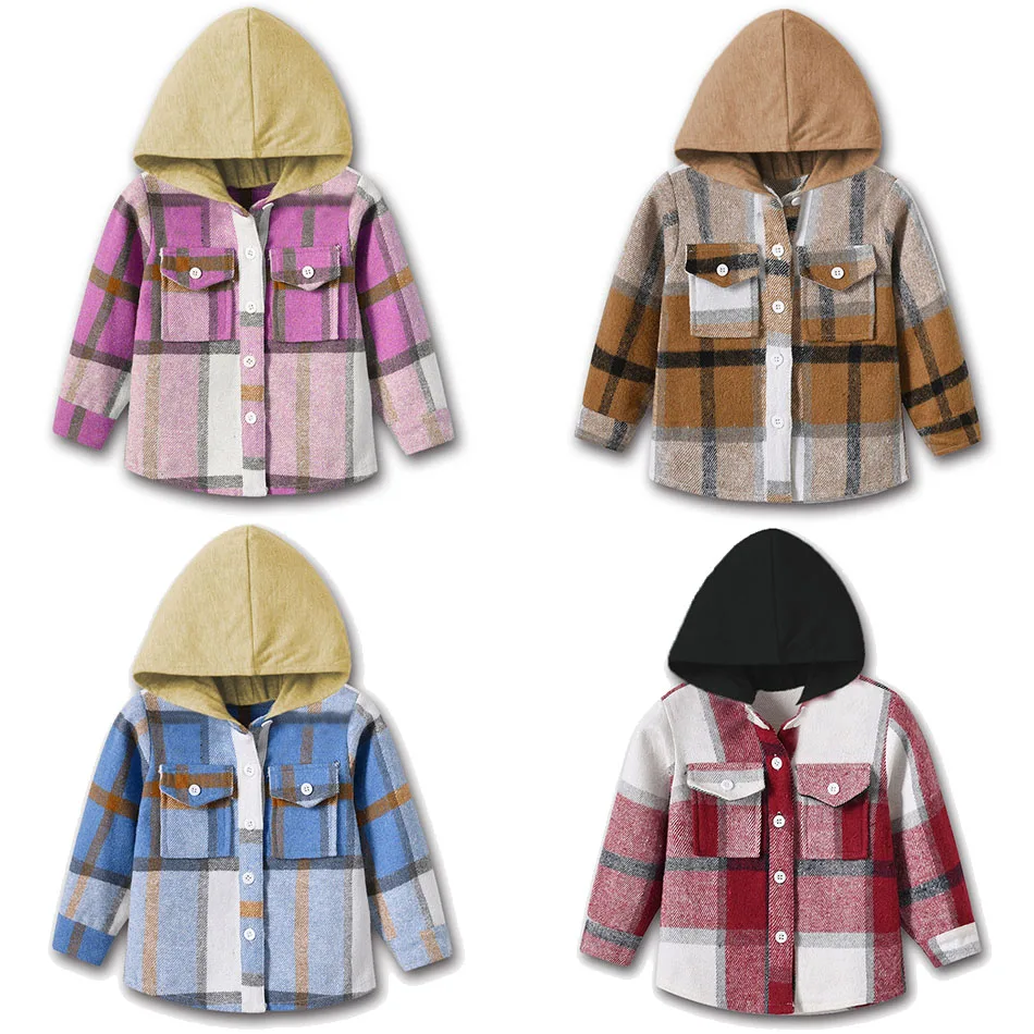 

Одежда для мальчиков и девочек Детская хлопковая куртка с капюшоном, на пуговицах Рубашки с карманами для весны и осени