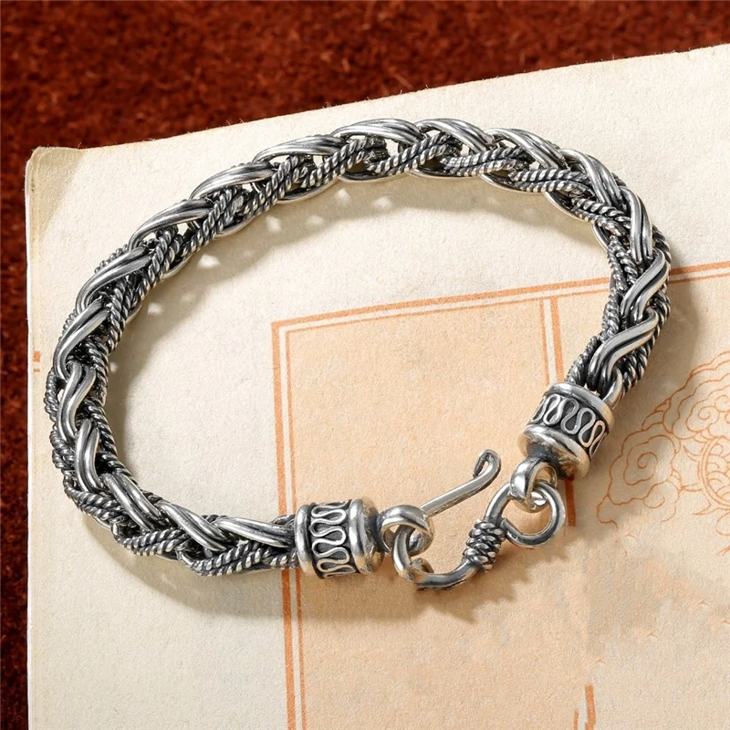 

Genuine Sterling Silver S925 Jewelry Hand-woven Men and Women Keel Bracelet 7mm Single Line Hemp Rope Retro Couple Silver Chain