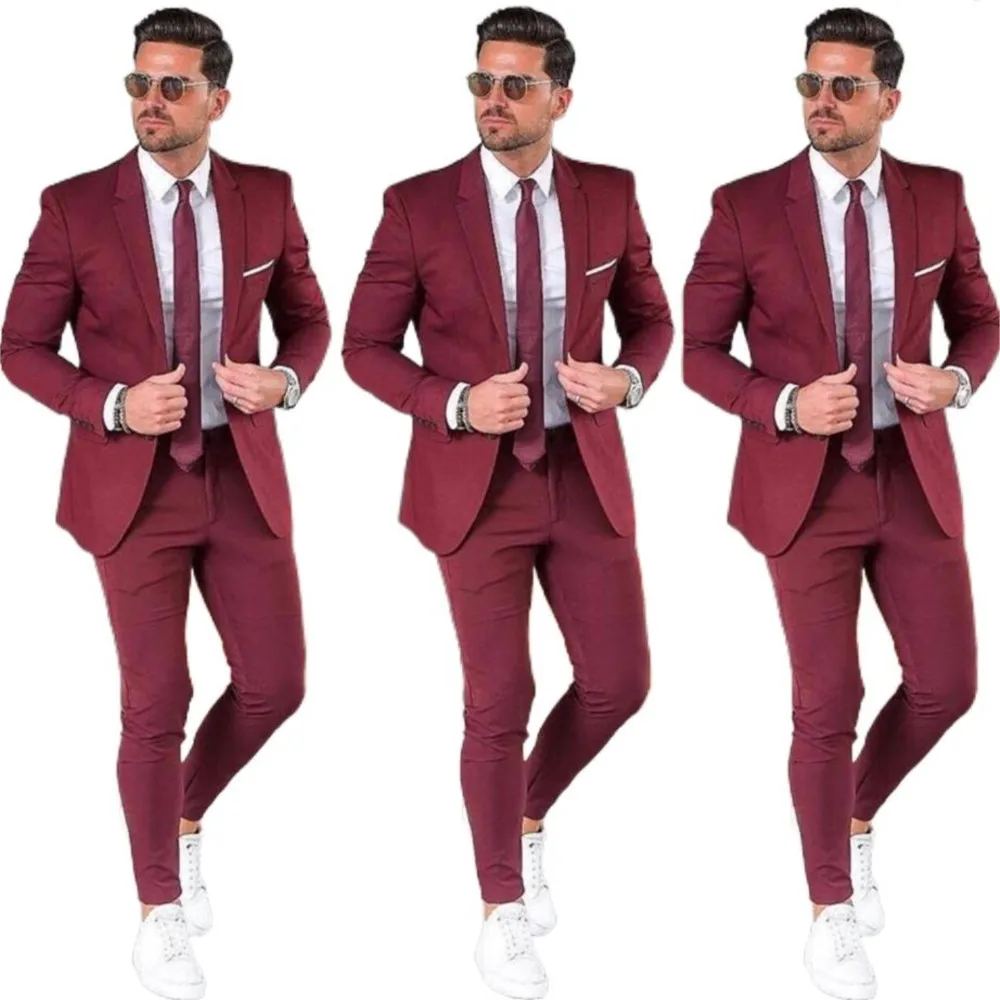 

Notched Lapel Custom Burgundy Men Suit Blazers For Party Prom Elegant 2 Pieces Jacket + Pants Groom Wedding Suits Mens Tuxedos