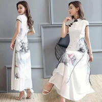 vintage chinese style elegant slim womens clothing landscape painting cheongsam white dress summer qipao chiffon robe dresses