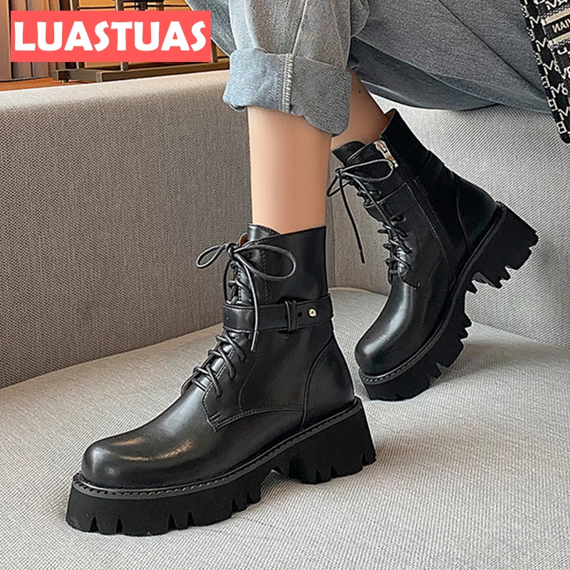 

LuasTuas Size 33-40 Women Ankle Boots Genuine Leather Chunky Chic Winter Shoes For Woman Club Short Boots Female Footwear