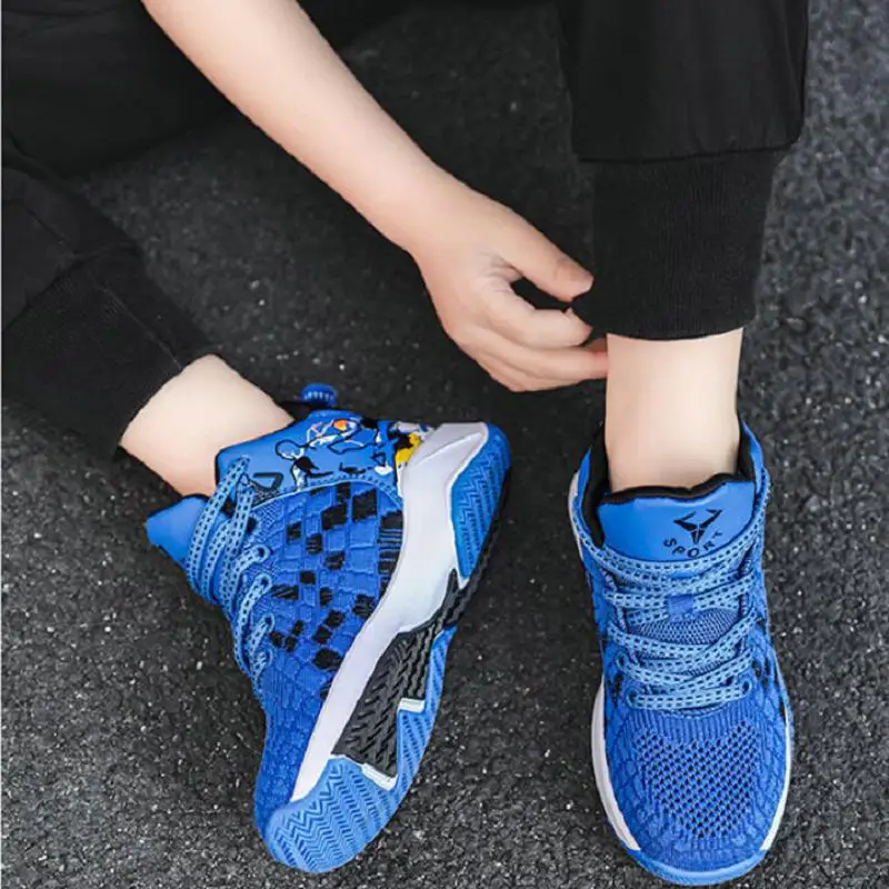 Breathable flying woven children's shoes High top Student sneakers Tennis Comfortable outdoor running shoe Boys' basketball shoe