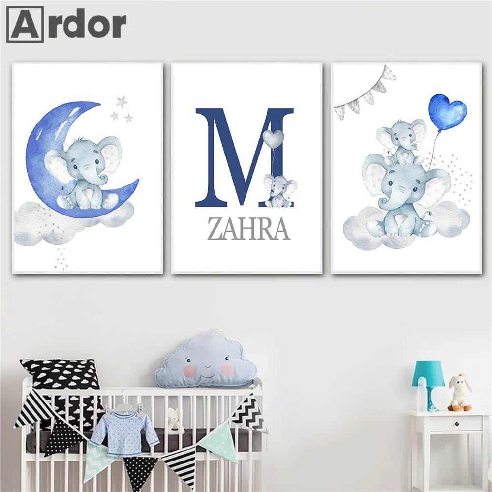 

Nursery Wall Painting Elephant Poster Custom Name Posters Balloon Moon Cloud Canvas Print Nordic Pictures Kids Room Home Decor