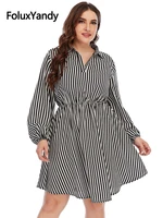 striped long sleeve dress women plus size 3xl 4xl casual turn down collar loose dress black cnfs76