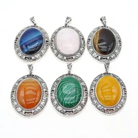 natural stone pendants oval shape crystal agate stone retro hollow alloy base charms for jewelry making necklace bracelet