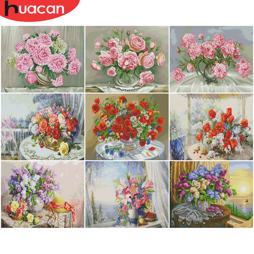 Наборы для рукоделия с вышитыми цветами HUACAN белый холст украшение дома 14CT 40x50 см