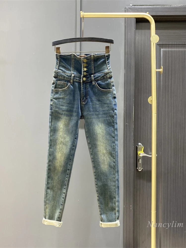 

Retro Skinny Jeans for Women Autumn and Winter Cloth 2023 New Lace-up Abdominal-Shaping High Waist Breasted Velvet Jeans Pants