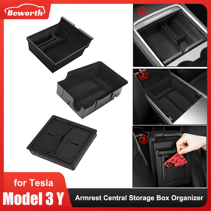 

Flocked Center Console Organizer Tray For Tesla Model 3 Y 2023 2022 Armrest Hidden Cubby Drawer Container Storage Box Holders