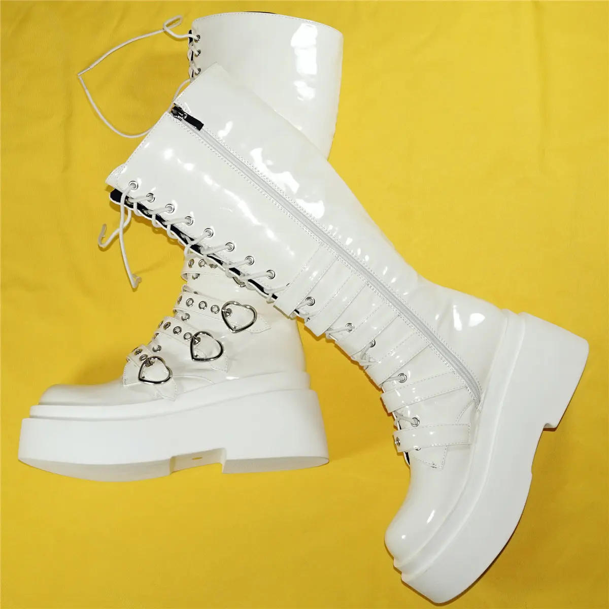 White Fashion Sneakers Women Lace Up Patent Leather High Heel Knee High Boots Female Round Toe Platform Pumps Shoes Casual Shoes
