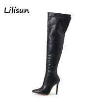 high heels long boots women over the knee black boots sexy pointed toe zip ladies booties dress shoes plus size 42 botas mujer