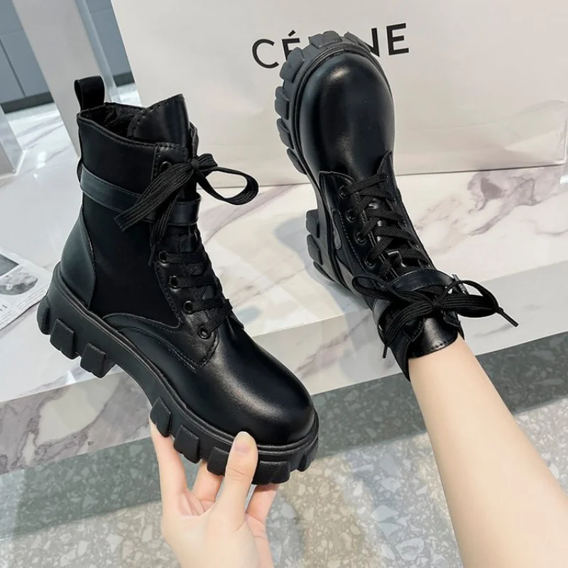 short Boots Women's British Fan Boots 2021 New Spring and Autumn Boots Women's Short Boots Thick-soled Single Boots Large Size