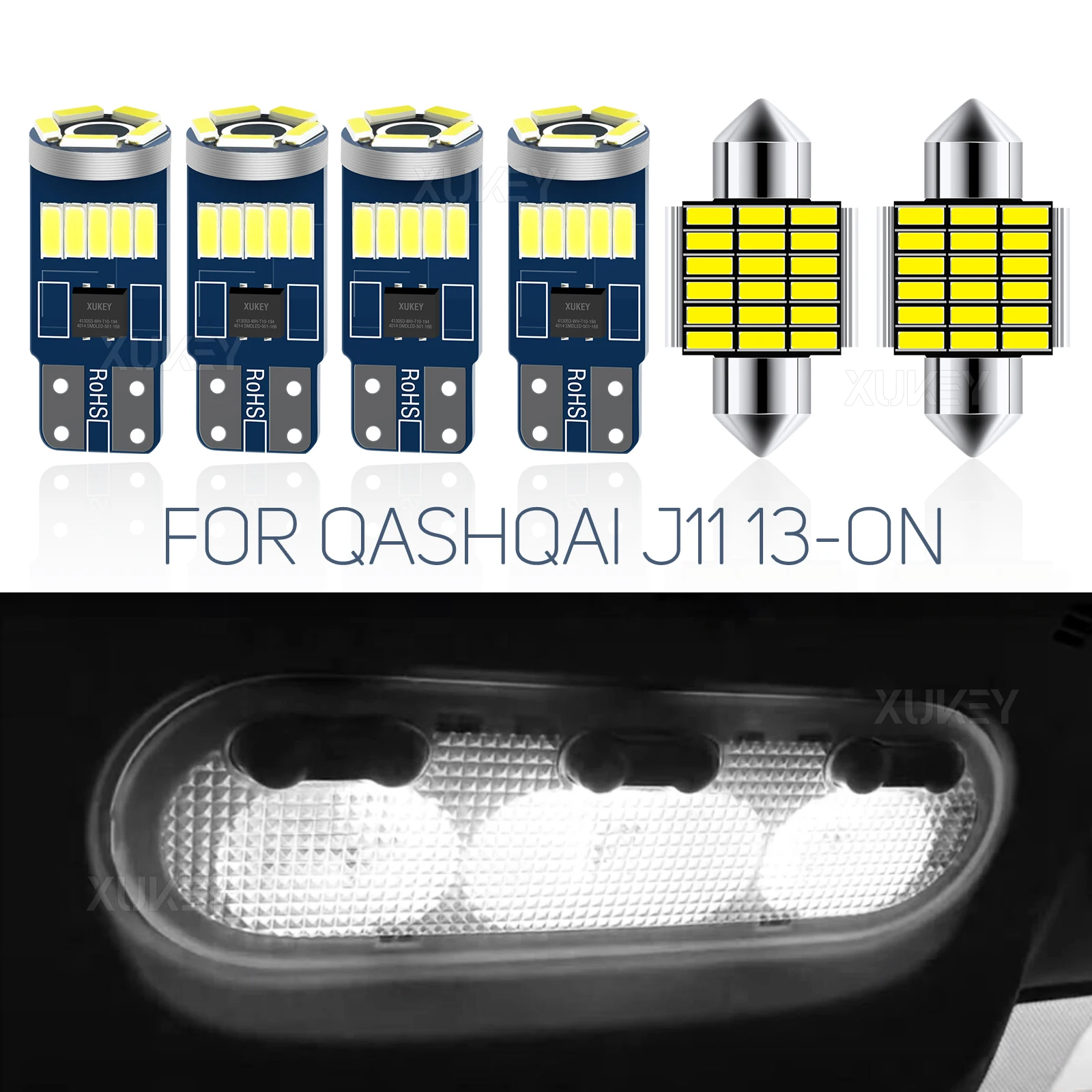 For Nissan Qashqai J11 2013 2014 2015 2016 2017 2018 2019 2020 White Front Reading Rear Dome Cabin Trunk Boot Light Bulbs Kit 6X