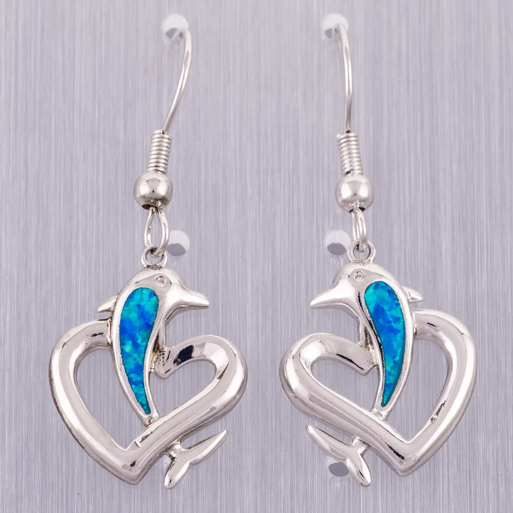 

KONGMOON Dolphin Heart Ocean Blue Fire Opal Silver Plated Jewelry for Women Dangle Drop Earrings