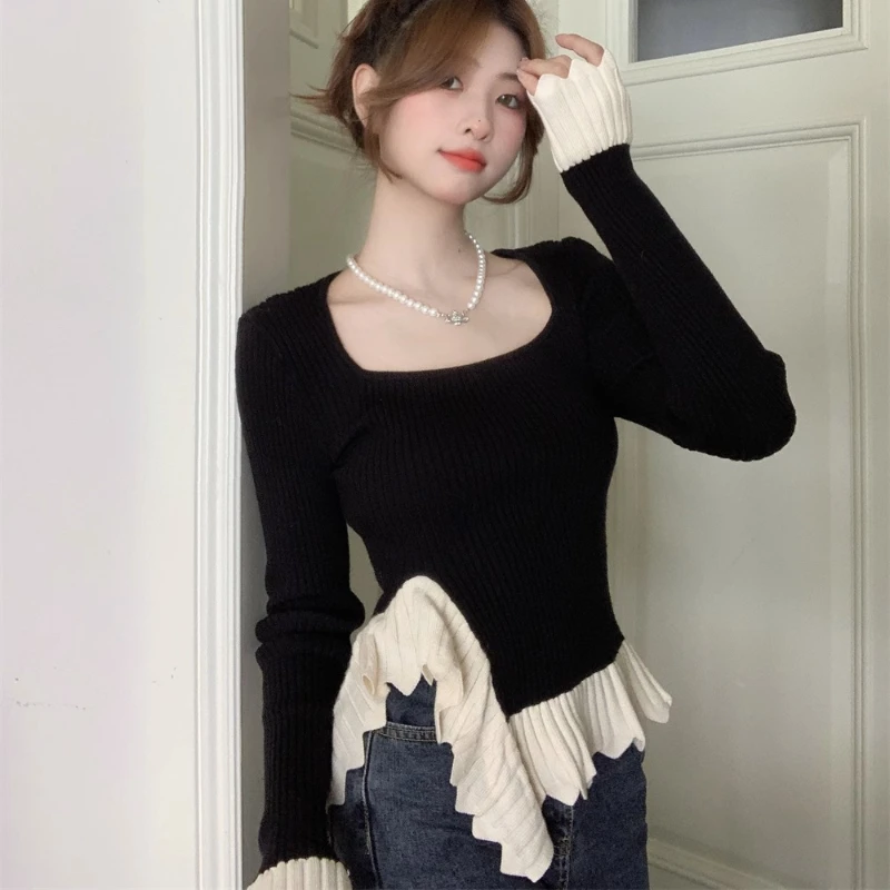 Пуловеры с квадратным воротником женские дизайнерские оборки шикарные