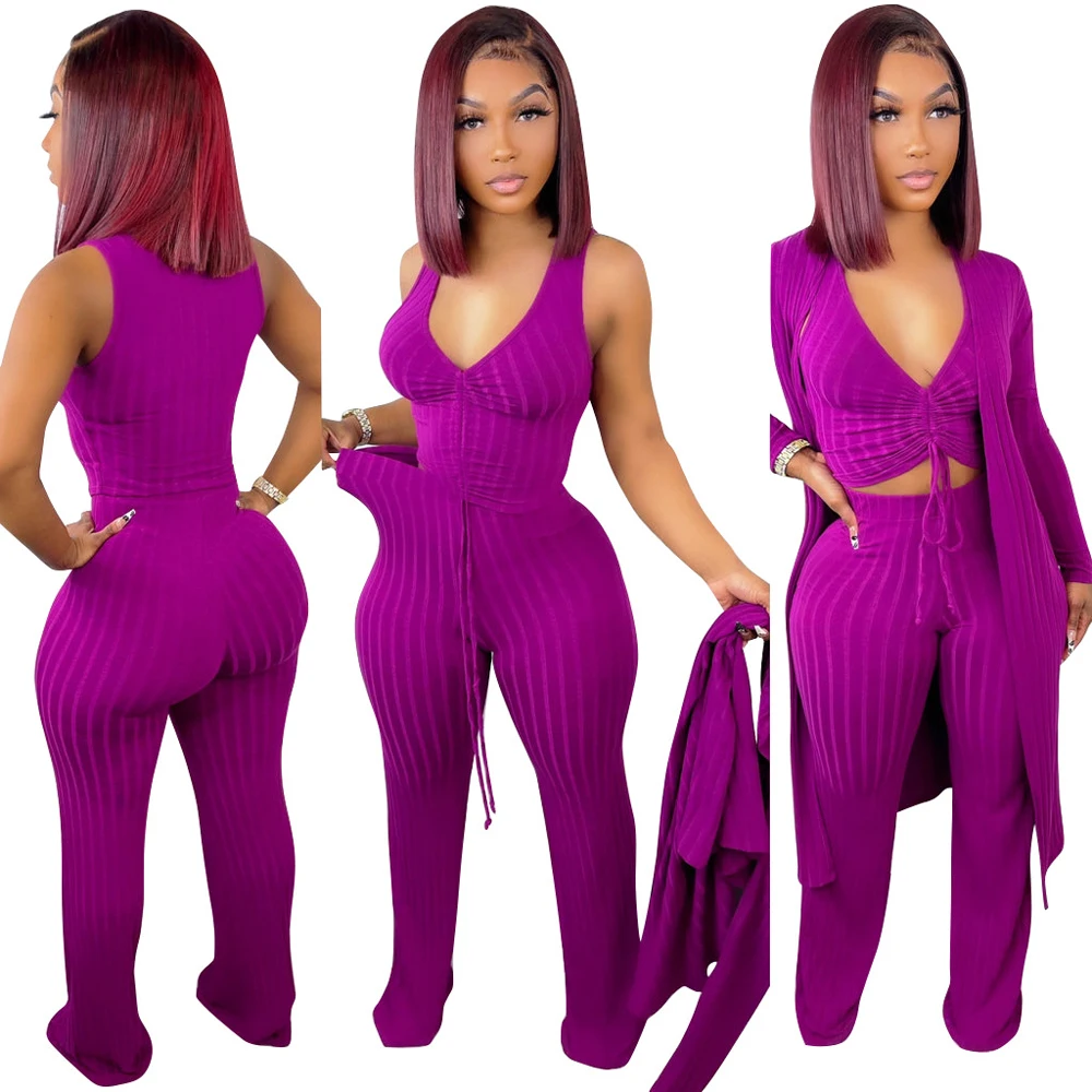 

2022 Loungewear Ribbed 3 Piece Set Women Fall Clothing Solid Color Boutique Fashion Cardigans Crop Tops 3 Piece Pants Set