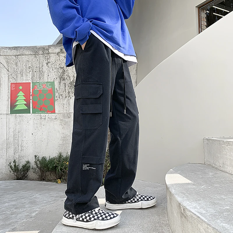 

Брюки-карго мужские с карманами, модные хлопковые повседневные штаны, уличная одежда, свободные прямые штаны в стиле хип-хоп, цвета хаки/сер...