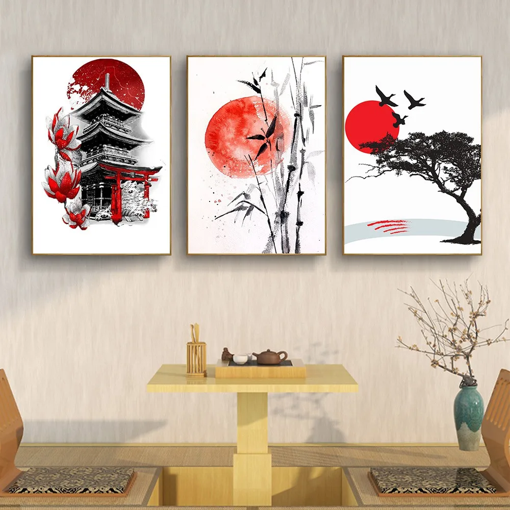 Japanese style landscape canvas painting watercolor wall art poster living room corridor home decoration mural |