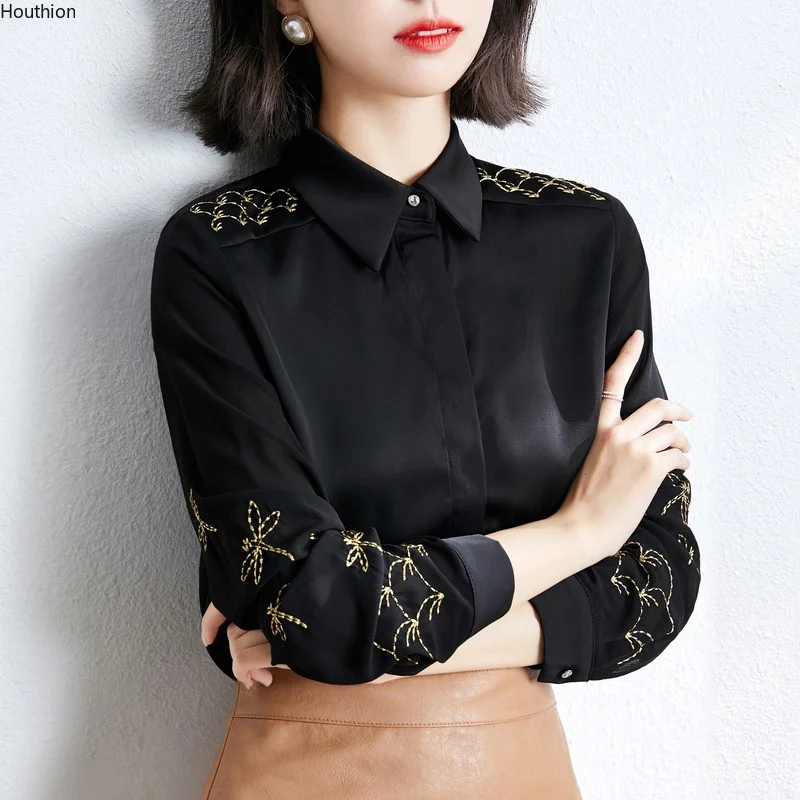 

Летняя рубашка Houthion из поплина, женские блузки, Новый Повседневный модный топ с вышивкой и длинным рукавом