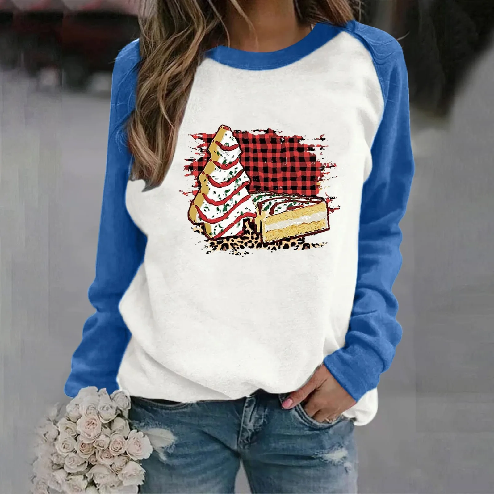 

Women's Fleece Sleeve Printing Fleece h Contrast Long Sleeve Pullover Sweater Top Bohemian Hoodies Women