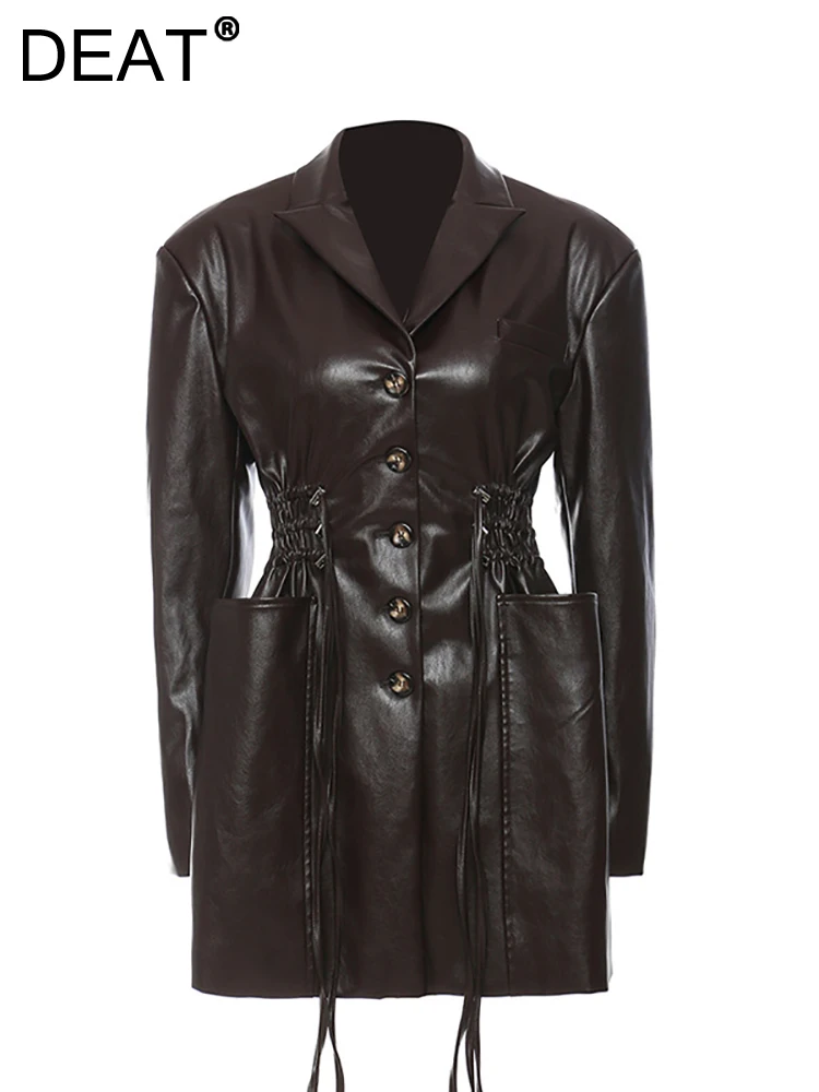 

DEAT 2023 Fashion Women's PU Lether Coat Notched Collar Single Breasted Drawstring Waist Pockets Black Jackets Autumn New 7Z278