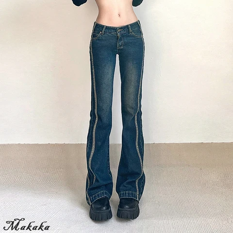 Rockmore Vintage Jeans For Women Aesthetic Low Rise Flare Pants Fashion Cyber Y2k Streetwear Denim Trousers Femme Retro Korean