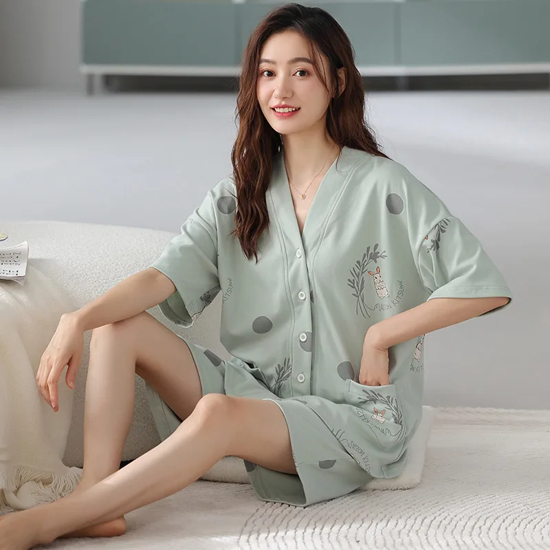 Cotton Women Pajamas Sets Pyjamas Female V-Neck Loungewear Pijamas Short Sleeve Button Down Top Shorts Suit Sleepwear Nightwear