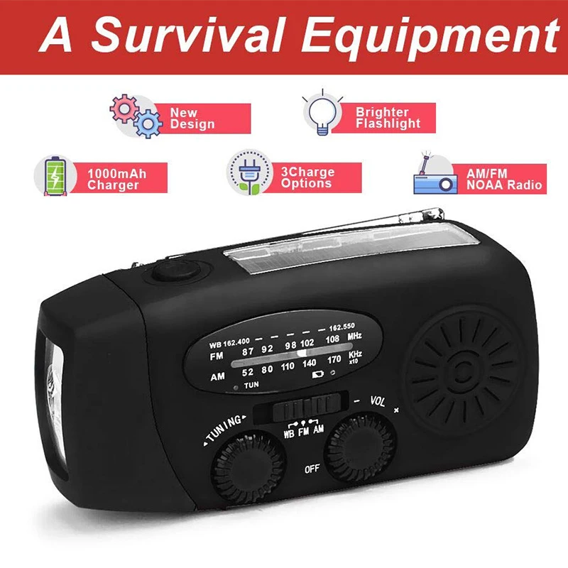 

3 In 1 Emergency Charger Flashlight Hand Crank Generator Wind Up Solar Dynamo Powered FM/AM Radio Charger Outdoor Lighting
