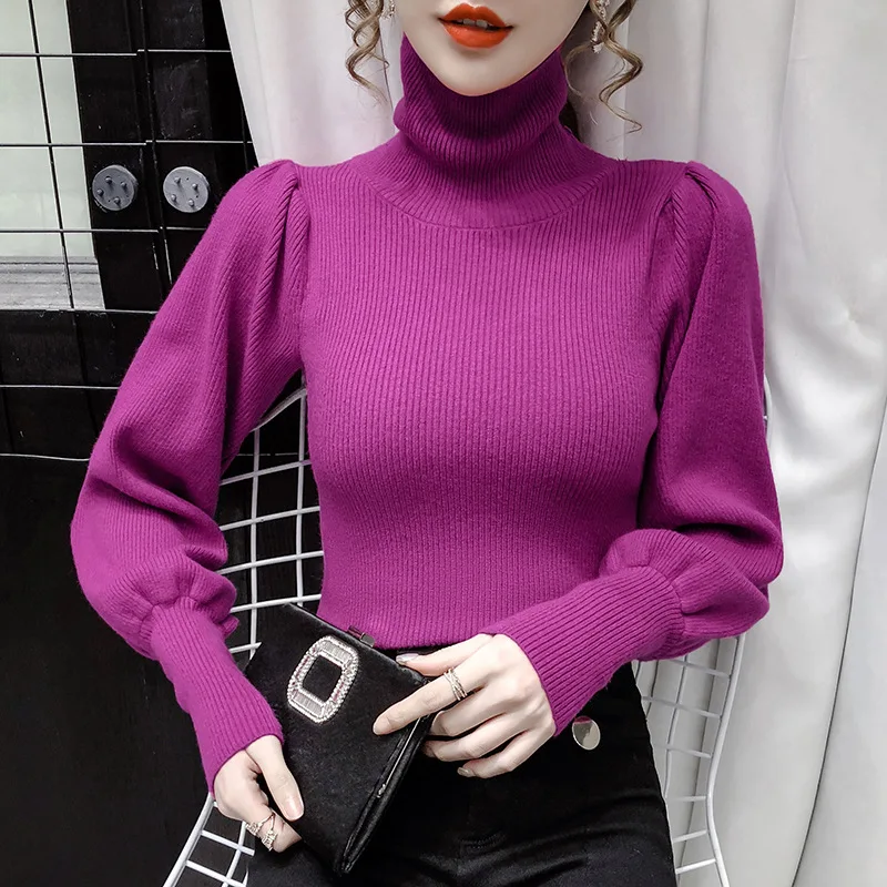 

Pile Collar Lantern Sleeve Sweater Women's Autumn and Winter 2022 New Korean Style Slim Fit Pullover Bottoming Shirt Knitwear