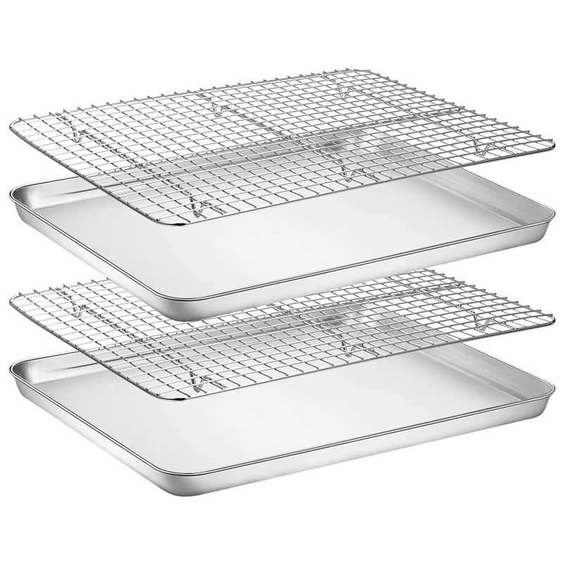 

Baking Sheet With Rack Set,Stainless Steel Cookie Sheet Baking Pan Tray With Cooling Rack, Heavy Duty & Easy Clean