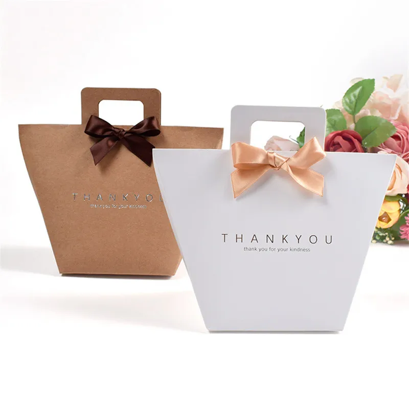 

50Pcs White Bronzing "Thank You" Kraft Paper Candy Bag with Handles Gift Candy Box Package Wedding Birthday Party Favor Bags
