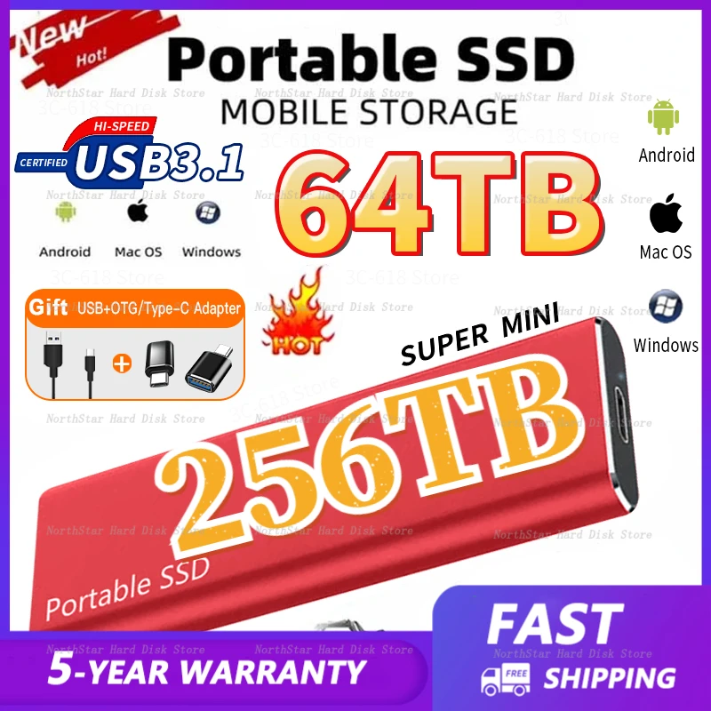 

Portable SSD Solid State Drive 256TB External Hard Drive USB 3.1 2TB Mobile Hard Disks External Storage Decives for Laptops