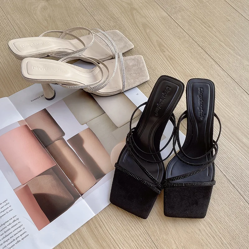 

Female Shoes Square Toe Thin Heels Low Cross-Tied Slippers Casual Heeled Mules Slides Rubber Flip Flops 2022 Luxury High Summer
