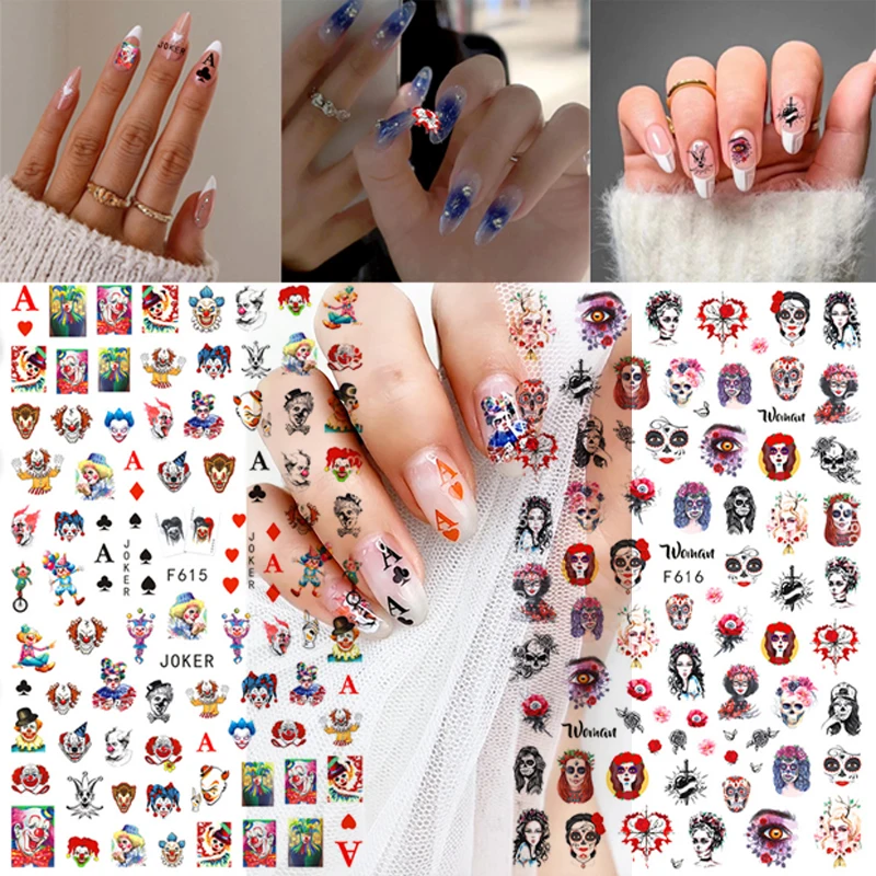 

Horror Halloween Clown Nail Stickers Santa Claus Nail Decals Nail Art Decoration DIY Skull Nail Art Stickers Nail Supplies