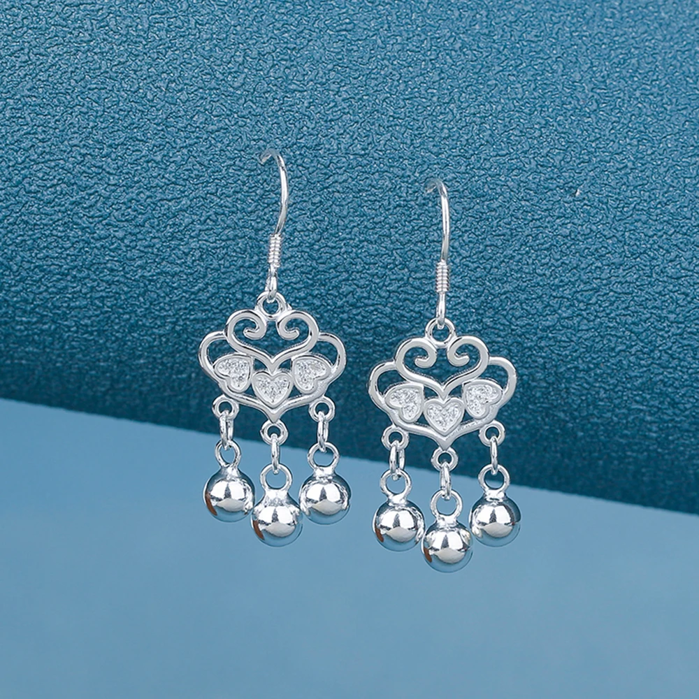 

Real S999 Fine Silver Lucky Heart Lock Beads Dangle Earrings Women Gift