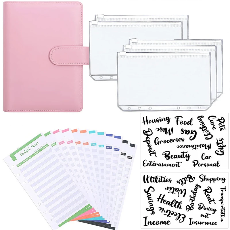 

A6 Macaron PU Leather Binder Budget Envelope Stickers Notebook Bill Organizer System with Zippers Pockets Expense Budgets Sheets