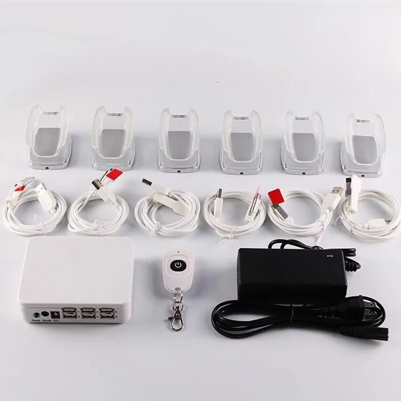 Glass Acrylic Mobile Holder Charging Alarm Sensor Cable Smartphone Retail Store Demo Live 6-Port Security Display System